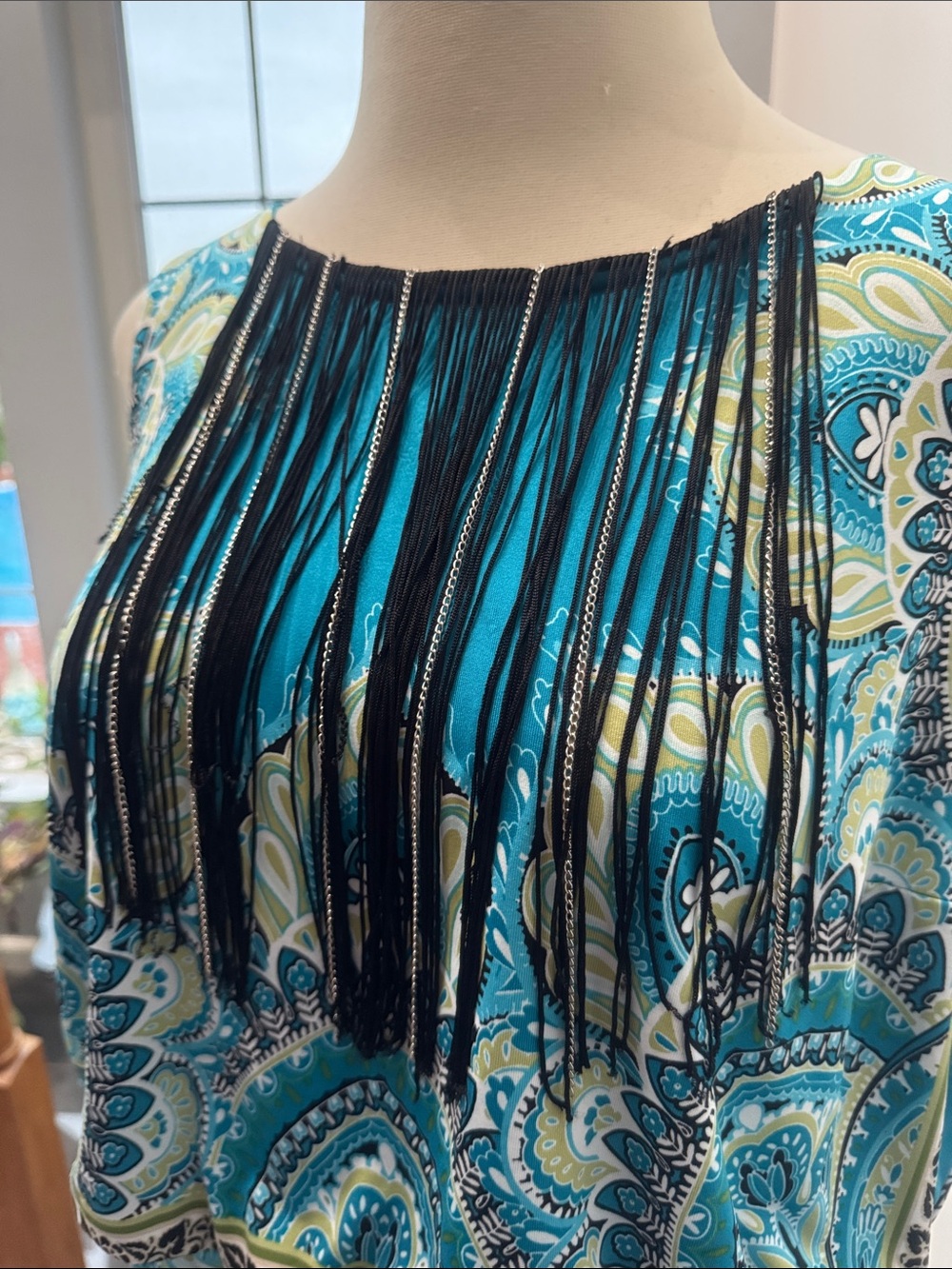 Cato Teal Paisley Sleeveless Mini Dress with Black Fringe - Picture 2 of 6